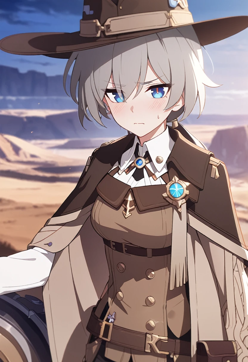 masterpiece,best quality,depth of field,8k,looking at the viewer,Dark and light gray hair,blue eyes,light brown chaps,dark brown poncho,갈색 Ten gallon hat,brown leather jumper,chic,wseifuku,male,sky,frowning,looking around,badlands,male,(charismatic eyes 1:1),(honkai:_Star_rail\),blush,detached collar