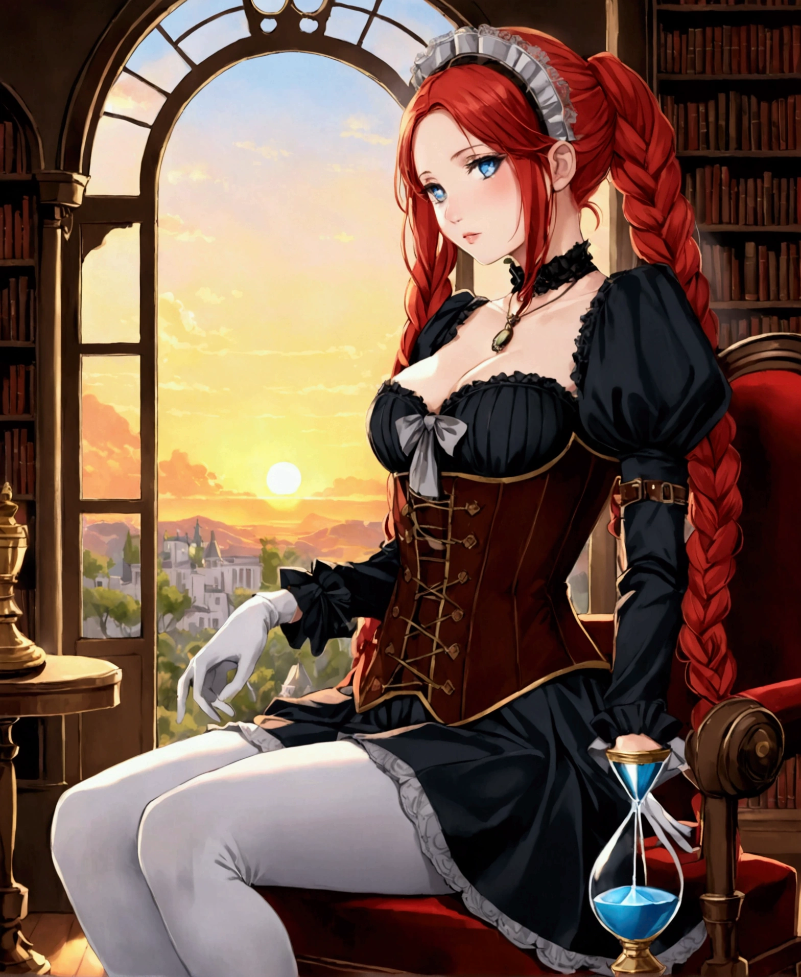 In a large mansion, in a steampunk world, in a sunset, sitting in a chair crossing her legs, in a library, fireplace in the background, nostalgic, looking out the window at the horizon, a beautiful 18 year old woman, /(White skin, extremely long crimson red hair combed in braids, locks over left eye, topaz blue eyes,), /(Hourglass shaped body, medium hips, medium waist, shapely legs, large chest, small hands, slender fingers, Greek nose, almond eyes,), (Victorian style clothing: black blouse, corset covering entire torso fastened with threads, short skirt with gray pleats and back pigtail, knee-high stockings, black knee-high boots, bow on head, gloves, necklace, bracelets on wrists,),