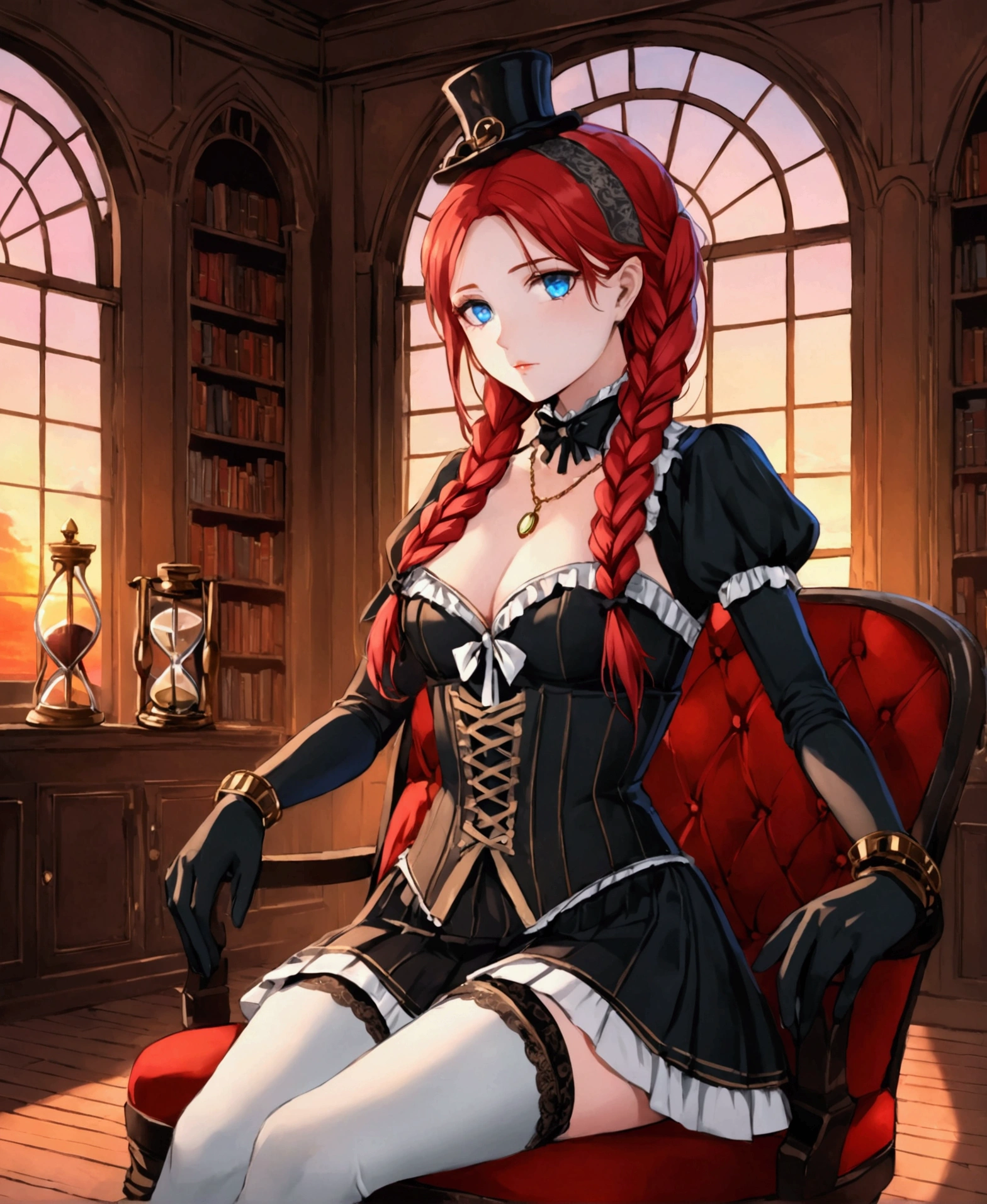 In a large mansion, in a steampunk world, in a sunset, sitting in a chair crossing her legs, in a library, fireplace in the background, nostalgic, looking out the window at the horizon, a beautiful 18 year old woman, /(White skin, extremely long crimson red hair combed in braids, locks over left eye, topaz blue eyes,), /(Hourglass shaped body, medium hips, medium waist, shapely legs, large chest, small hands, slender fingers, Greek nose, almond eyes,), (Victorian style clothing: black blouse, corset covering entire torso fastened with threads, short skirt with gray pleats and back pigtail, knee-high stockings, black knee-high boots, bow on head, gloves, necklace, bracelets on wrists,),