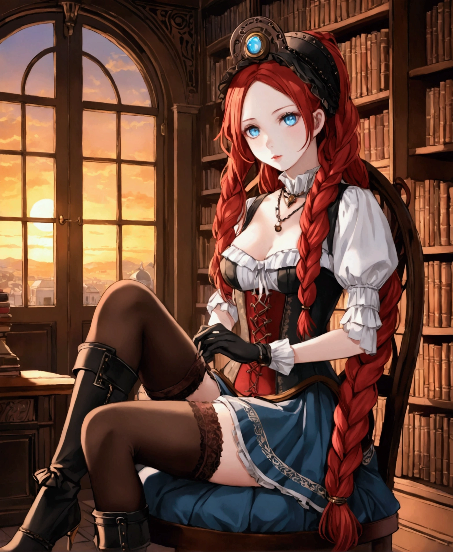 In a large mansion, in a steampunk world, in a sunset, sitting in a chair crossing her legs, in a library, fireplace in the background, nostalgic, looking out the window at the horizon, a beautiful 18 year old woman, /(White skin, extremely long crimson red hair combed in braids, locks over left eye, topaz blue eyes,), /(Hourglass shaped body, medium hips, medium waist, shapely legs, large chest, small hands, slender fingers, Greek nose, almond eyes,), (Victorian style clothing: black blouse, corset covering entire torso fastened with threads, short skirt with gray pleats and back pigtail, knee-high stockings, black knee-high boots, bow on head, gloves, necklace, bracelets on wrists,),