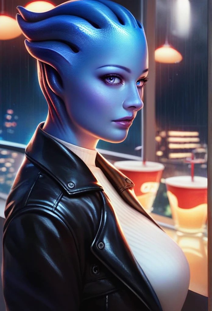 1girl, asari woman, pale blue skin, white shirt,black leather jacket,jeans,looking at viewer,
upper body,solo,standing,
night,diner,window,rain,indoors,
(insanely detailed, beautiful detailed face,beautiful detailed eyes, masterpiece, best quality)