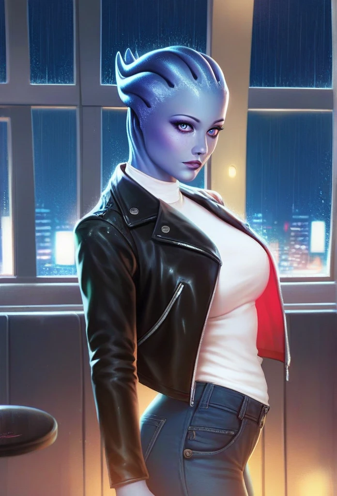 1girl, asari woman, pale blue skin, white shirt,black leather jacket,jeans,looking at viewer,
upper body,solo,standing,
night,diner,window,rain,indoors,
(insanely detailed, beautiful detailed face,beautiful detailed eyes, masterpiece, best quality)