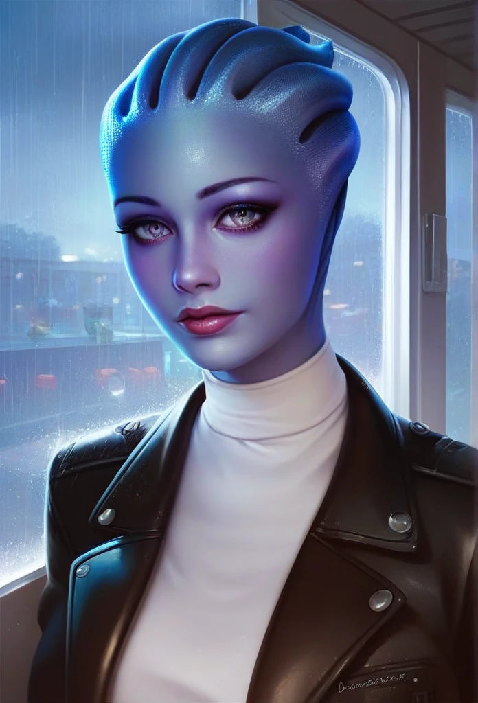 1girl, asari woman, pale blue skin, white shirt,black leather jacket,jeans,looking at viewer,
upper body,solo,standing,
night,diner,window,rain,indoors,
(insanely detailed, beautiful detailed face,beautiful detailed eyes, masterpiece, best quality)