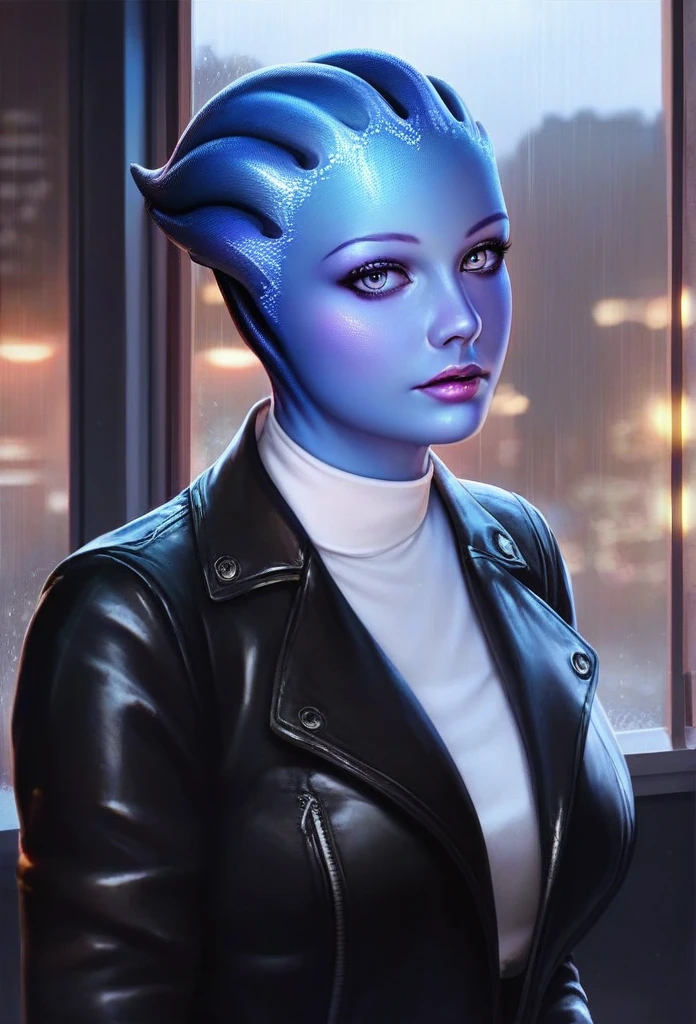 1girl, asari woman, pale blue skin, white shirt,black leather jacket,jeans,looking at viewer,
upper body,solo,standing,
night,diner,window,rain,indoors,
(insanely detailed, beautiful detailed face,beautiful detailed eyes, masterpiece, best quality)