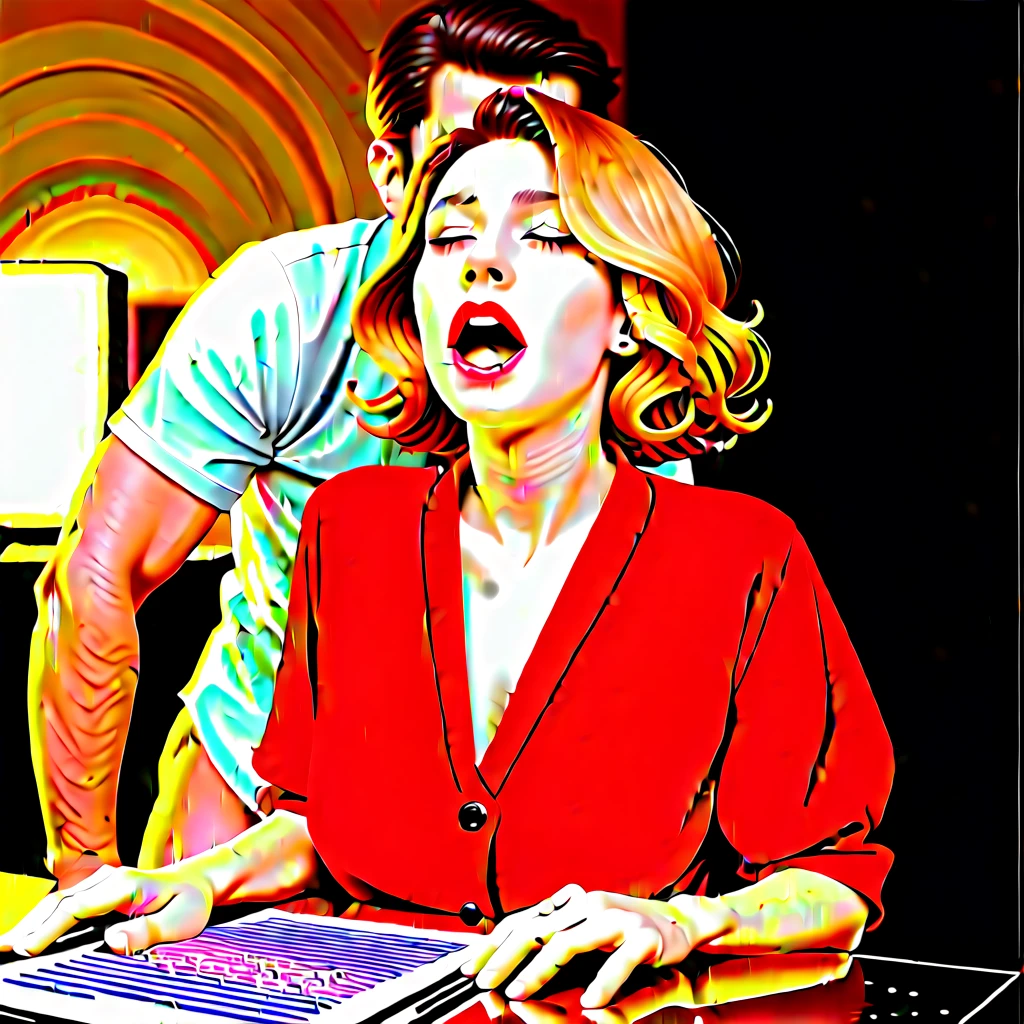 The man in his 55s with black very short hair and smooth face with moustache. The woman in her 55s with brown long wavy hair. In the retro office. Night, dark, dim. The man is wearing unbuttoned light blue shirt. The woman is wearing floral red dress. Doggy sex. The woman is moaning. Orgasm. Passion. Erotic. Ultra realistic.