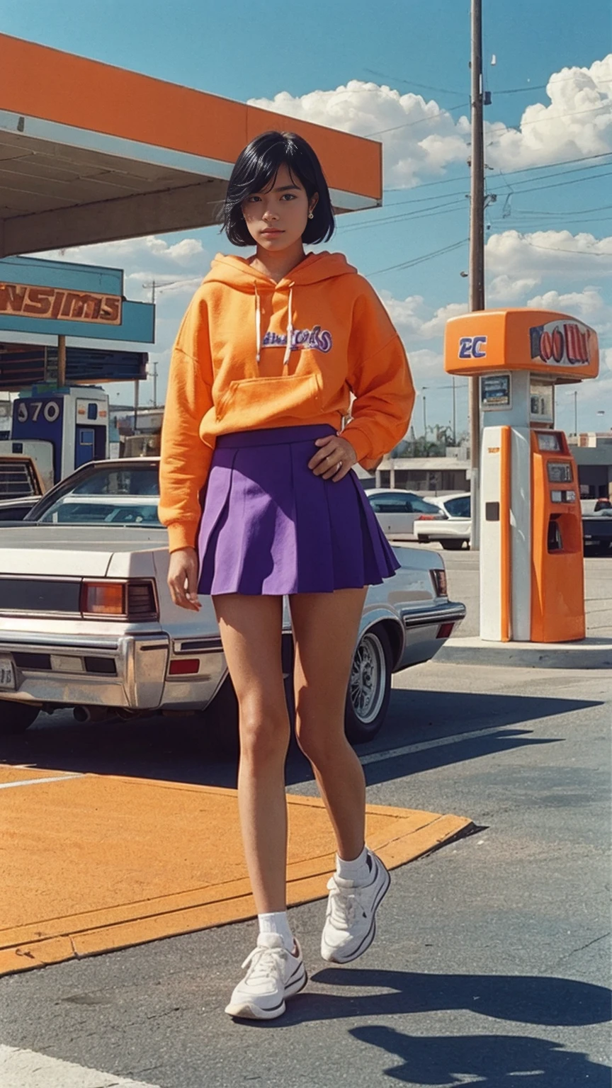 photo cinematic photograph long shot portraits by Wes Anderson, cute 23 yo girl ,fokus, bokeh ,wear ((orange color oversized_hoodie)), wear ((purple tennis skirt)),looking front,Best Quality,Masterpiece,Ultra High Resolution,(Realisticity:1.4),Original Photo, 1Girl, light leak,ultra high resolution,UHD,beautiful, (black bob hair), almond eye, no makeup, in front of ((80's colorful los angles gas station)), (realistic:1.2), (surreal:1.3), (very detailed:1.1), ((masterpiece)),summer, blue sky, palm trees,sunny, los angles vibes,film camera, 800mm lens,style of Philip Lorca diCorcia