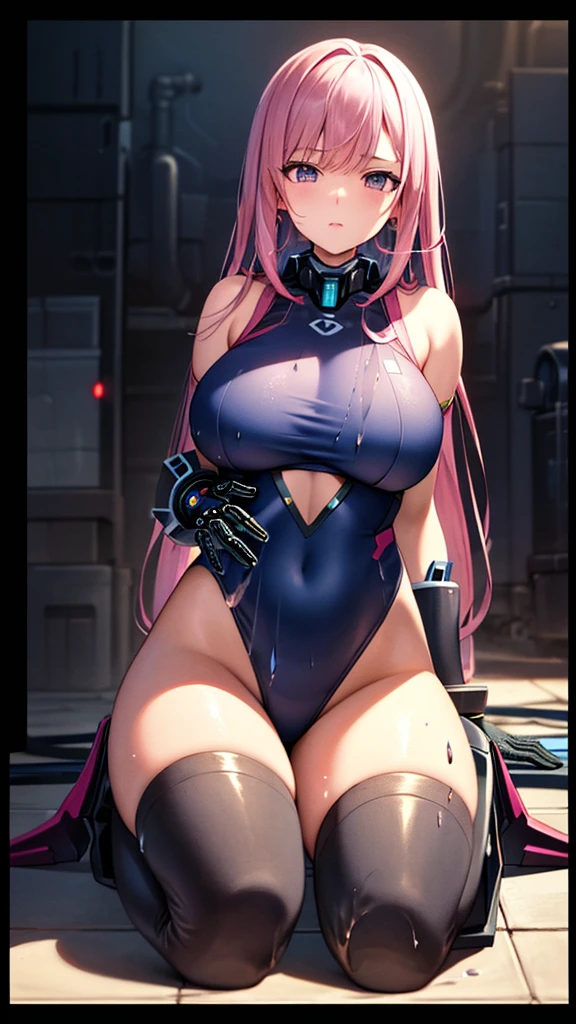 (((Masterpiece))),(((Best quality))),((Super detailed)),(illustration)，Mecha Girl，((Mechanical style clothes))，Struggling movements，Hands tied by tentacles，Long straight pink hair，Biggest Breasts，Soaked