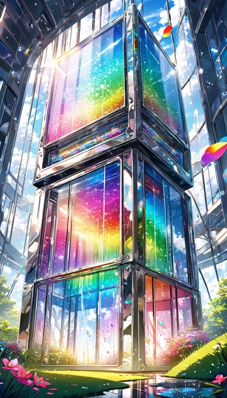 Highest quality, Super Fine, 16K, Incredibly absurd, Very detailed, delicate and dynamic, A mysterious, gigantic artistic structure made of chrome-plated framework and glass, After the Rain, Sunlight shines through the gaps in the clouds, The glass reflects the colors of the rainbow、The analyzer is displayed, Many rainbow-colored petals fall, The grass is covered with mist, Create amazing image effects