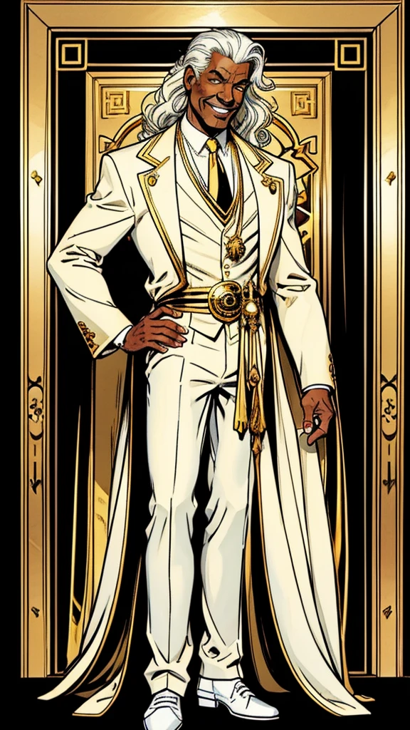 Comic-style art of a black man in his 50s with wavy, long, completely white hair, yellow irises. This man is a little thin, has wrinkles but not many, wears a lot of gold accessories, He is almost always smiling and is of Italian origin. He is a fashion designer and is based on the creator of Versace. Wearing classic and elegant clothes in white and gold. He uses a white cane decorated with gold and which has a bird skull on the tip, which is also made of gold.