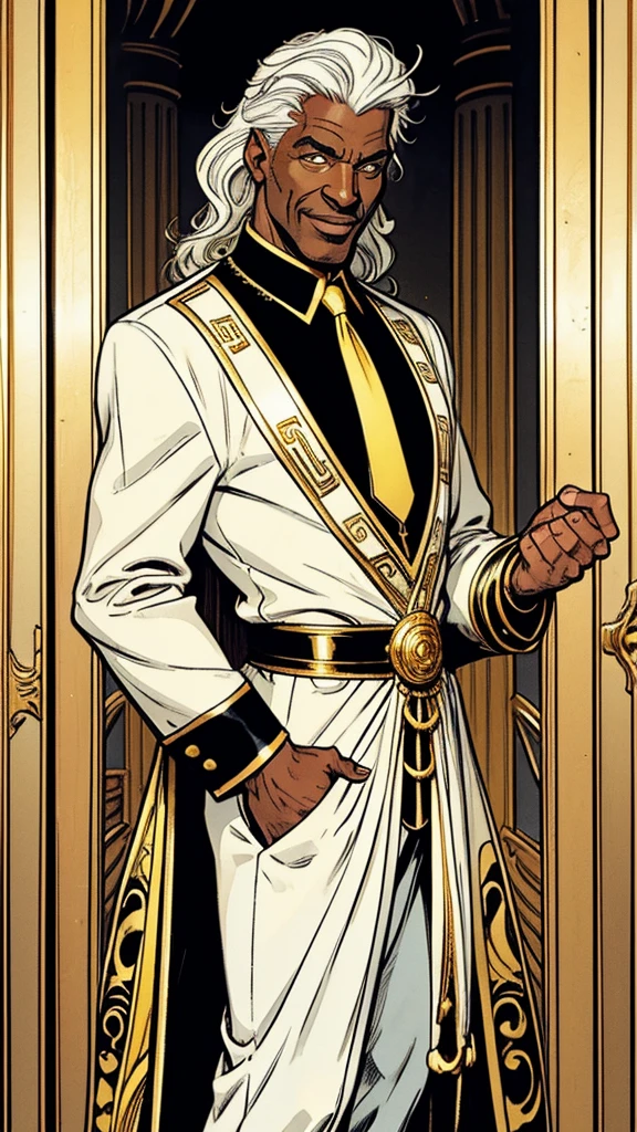 Comic-style art of a black man in his 50s with wavy, long, completely white hair, yellow irises. This man is a little thin, has wrinkles but not many, wears a lot of gold accessories, He is almost always smiling and is of Italian origin. He is a fashion designer and is based on the creator of Versace. Wearing classic and elegant clothes in white and gold. He uses a white cane decorated with gold and which has a bird skull on the tip, which is also made of gold.