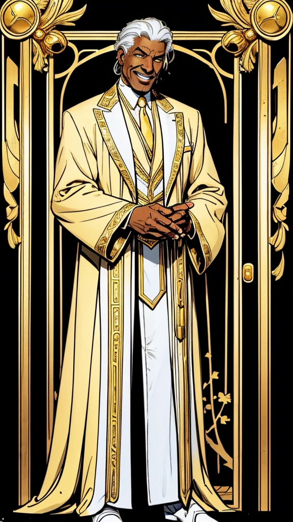 Comic-style art of a black man in his 50s with wavy, long, completely white hair, yellow irises. This man is a little thin, has wrinkles but not many, wears a lot of gold accessories, He is almost always smiling and is of Italian origin. He is a fashion designer and is based on the creator of Versace. Wearing classic and elegant clothes in white and gold. He uses a white cane decorated with gold and which has a bird skull on the tip, which is also made of gold.
