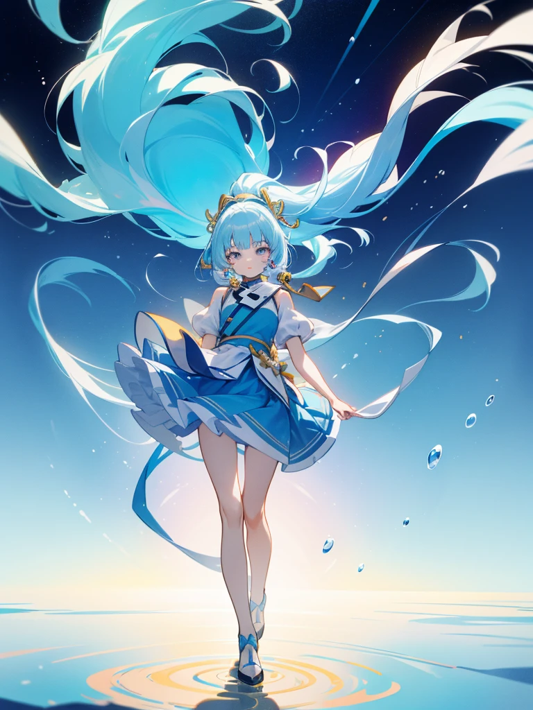 (masterpiece), (best quality), (ultra detailed),(disheed hair),(illustration), (1girl), (Fashionable clothing), standing, Fashion model, looking at viewer, (interview), (simple background), beautiful and delicate eyes, delicate beauty, floating, (high saturation), (colorful splash), colorful bubbles, (shine), focus on face, ponytail, Ayaka Kamisato, light blue hair, bangs, hair circle, floating flowers, flowing hair, (shiny), best lighting, best shadow, full body, vista