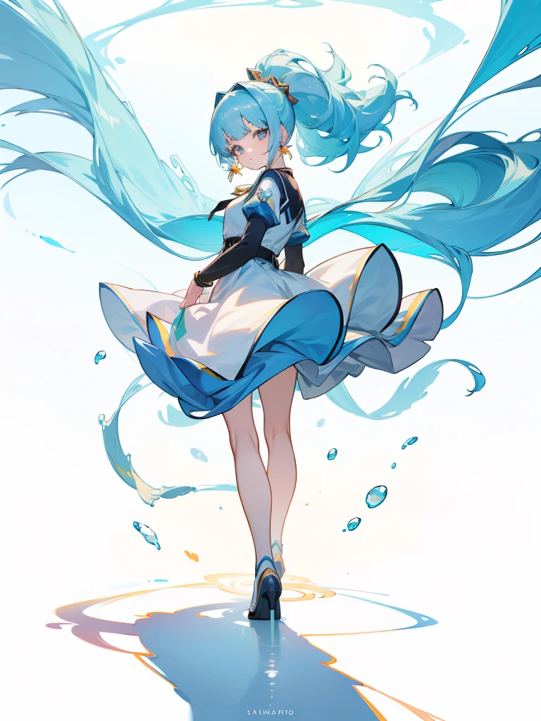 (masterpiece), (best quality), (ultra detailed),(disheed hair),(illustration), (1girl), (Fashionable clothing), standing, Fashion model, looking at viewer, (interview), (simple background), beautiful and delicate eyes, delicate beauty, floating, (high saturation), (colorful splash), colorful bubbles, (shine), focus on face, ponytail, Ayaka Kamisato, light blue hair, bangs, hair circle, floating flowers, flowing hair, (shiny), best lighting, best shadow, full body, vista