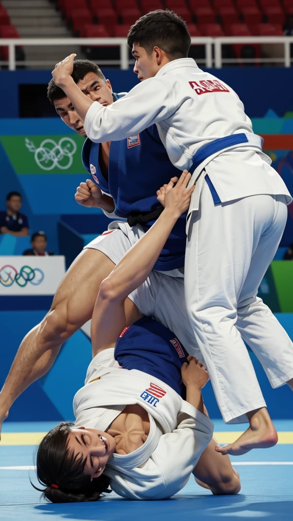 Competing in judo matches on the Olympic stage。