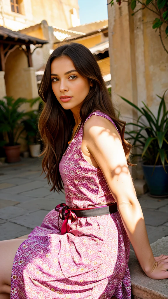 Romanian girl, 27 years, model, beauty, light skin, long hair, background is bazaar, colorful dress, sexy woman, beautiful eyes,