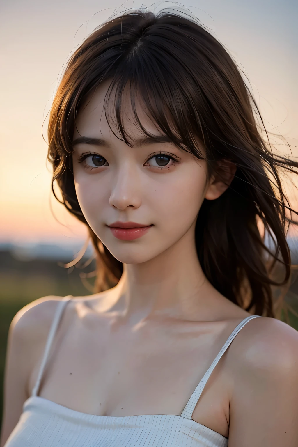 realistic photograph, 1woman, 23-year-old, light eyes and shoulder-length brown hair, illuminated by the dawn light, shy smile, while she looks at the camera with an innocent look, high quality, high details, an extremely beautiful,