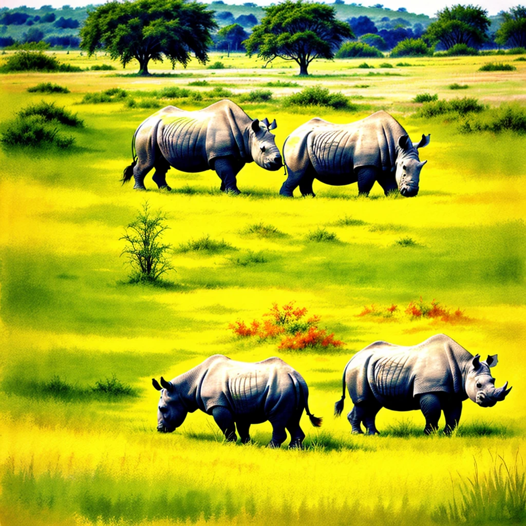 two rhinoceros, vector design, zoology illustration, drawing, sketch, art, colorfull, aquarelle, nature, bush, grass, ((best quality)), ((masterpiece)), (detailed)