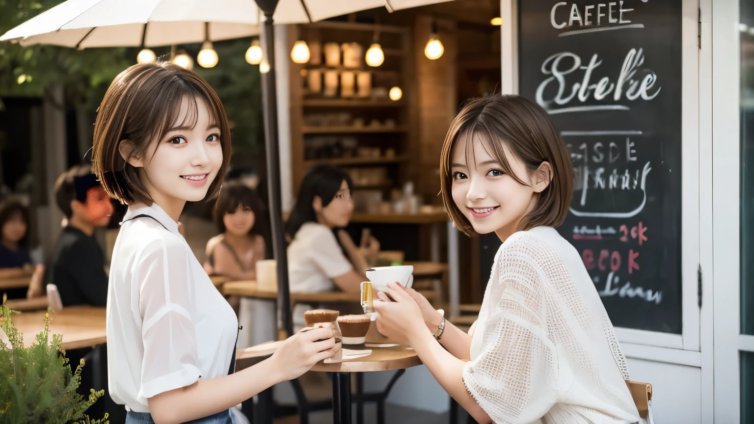 super high quality, Short Hair, Slender, Gravure photoshoot, The staff is working at the counter in the back., (8k、RAW Photos、Highest quality、masterpiece:1.2), Japanese Idol, Stylish café, The cafe is crowded with people enjoying themselves., (Realistic、Photorealistic:1.37), Mesh Hair, Urban Cafe, Golden Ratio, Raw photo, Cute face , Light Brown Hair, Small breasts, Bright cafe interior, Summer clothes, Cafe Terrace, Open Cafe, A kind smile, Hair blowing in the wind, Neat clothes, boyish, ベリーShort Hair, 18-year-old, younger sister, Stylish clothes,