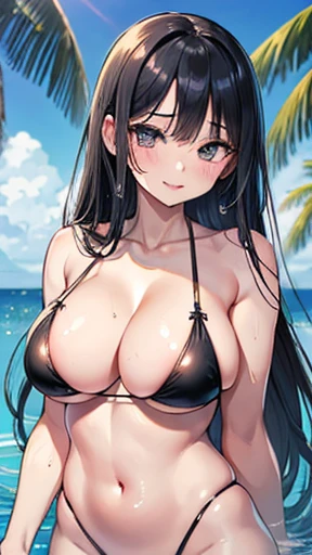 Highest quality, Ultra-high resolution, Very detailed), (Realistic,超Realistic), Beautiful illustrations, Perfect lighting,Written boundary depth,Beautiful body, Beautiful and juicy breasts,View your audience, Perfect Woman,Perfect Face, (Perfect Anatomy, Anatomically correct), Cute and symmetrical face、Baby Face、((Shiny Hair)),(かわいいsmile, smile)、Sexy Body、(masterpiece),8k,Very clear,(Ultra-realistic), One Girl,Wide Shot,((Large Breasts))、Captivating woman、((とてもLarge Breasts))、Cleavage、,(Highest quality), Realistic, (Live Action, Intricate details),((Highest quality, Ultra-high resolution, Very detailed), (Realistic,超Realistic), Beautiful illustrations, Perfect lighting,Written boundary depth,Beautiful body, Beautiful and juicy breasts,View your audience, Perfect Woman,Perfect Face, (Perfect Anatomy, Anatomically correct), Cute and symmetrical face、Baby Face、((Shiny Hair)),(かわいいsmile, smile)、Sexy Body、(masterpiece),8k,Very clear,(Ultra-realistic), One Girl,Wide Shot,((Large Breasts))、Captivating woman、((とてもLarge Breasts))、Cleavage、,(Highest quality), Realistic, (Live Action, Intricate details),(blue sky, Tropical sea, Palm tree:1.4), Beautiful Face, Blurred Background, Beautiful 16 year old girl, Shiny wet skin, ((Beautiful wet long black hair)), (Parted bangs), ((Black big eyes、Long eyelashes)), Beautiful Face, Wet black bikini, ((Juicy lips))