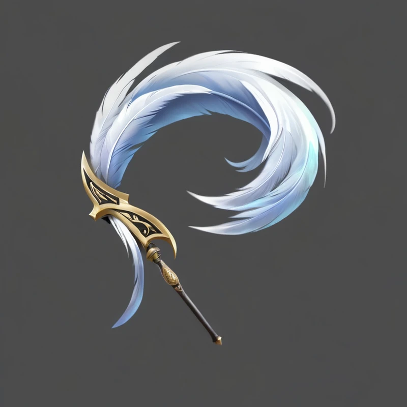 A stick with a black handle and a white feather on it, Fantasy weapons, 逼真的Spear, 错综复杂的幻想Spear, Fantasy RPG Weapon Art, Weapon concept art, epic Fantasy weapons art, World of Warcraft Blizzard Weapon Art, Weapon Design, Role Playing Game Items, Sword weapons, Spear, Weapon Concept Art, Fantasy Scythe, Feather pen, sword, Magic Fishing Rod Weapon