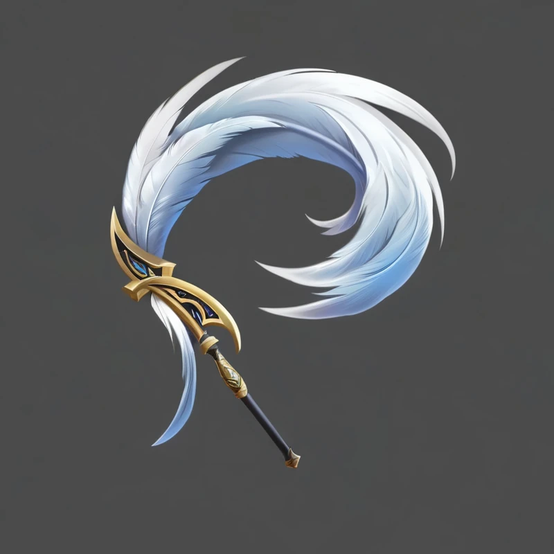 A stick with a black handle and a white feather on it, Fantasy weapons, 逼真的Spear, 错综复杂的幻想Spear, Fantasy RPG Weapon Art, Weapon concept art, epic Fantasy weapons art, World of Warcraft Blizzard Weapon Art, Weapon Design, Role Playing Game Items, Sword weapons, Spear, Weapon Concept Art, Fantasy Scythe, Feather pen, sword, Magic Fishing Rod Weapon