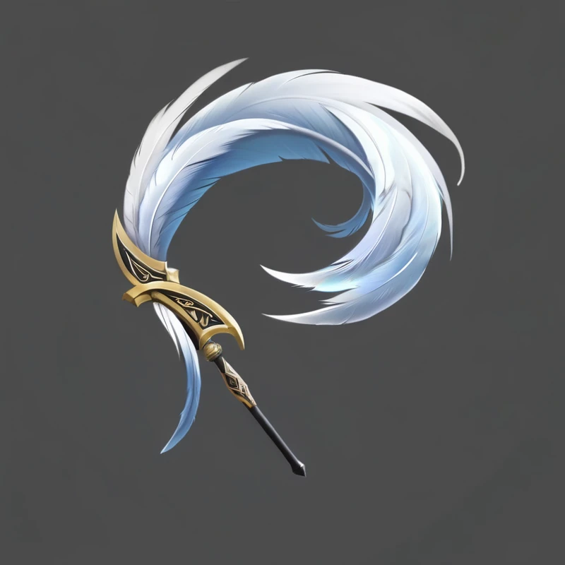 A stick with a black handle and a white feather on it, Fantasy weapons, 逼真的Spear, 错综复杂的幻想Spear, Fantasy RPG Weapon Art, Weapon concept art, epic Fantasy weapons art, World of Warcraft Blizzard Weapon Art, Weapon Design, Role Playing Game Items, Sword weapons, Spear, Weapon Concept Art, Fantasy Scythe, Feather pen, sword, Magic Fishing Rod Weapon