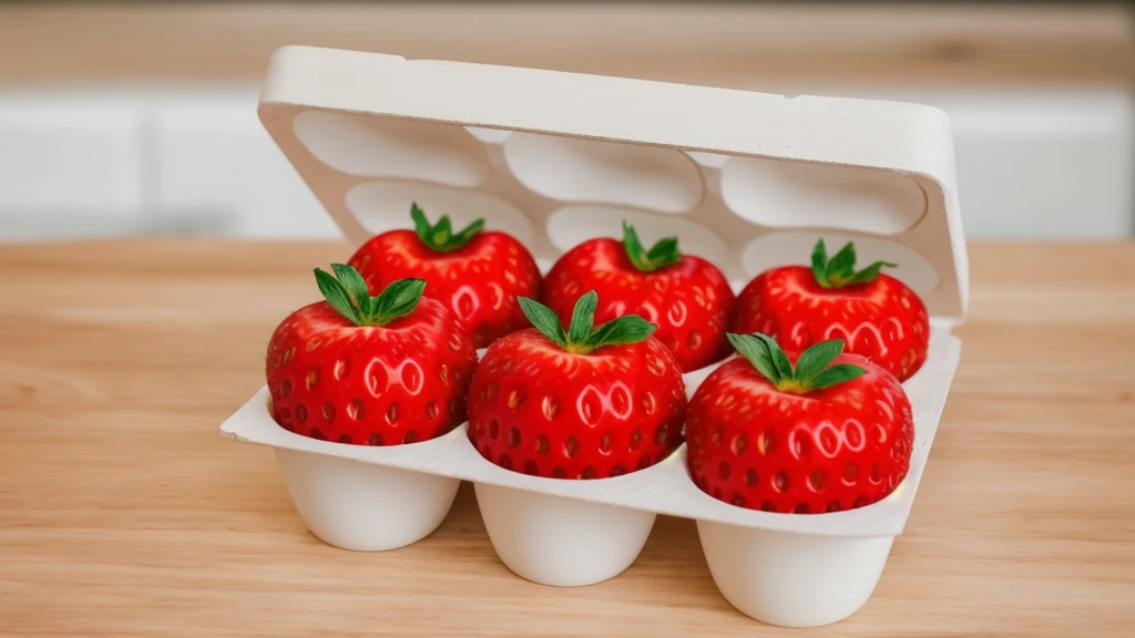 on a wooden table, in a paper egg tray, there are 6 strawberries instead of eggs, strawberries in an egg tray, realistic texture, realistic style, detailed texture, high quality, high resolution, high quality rendering, realistic photo, brightning light, macro photo