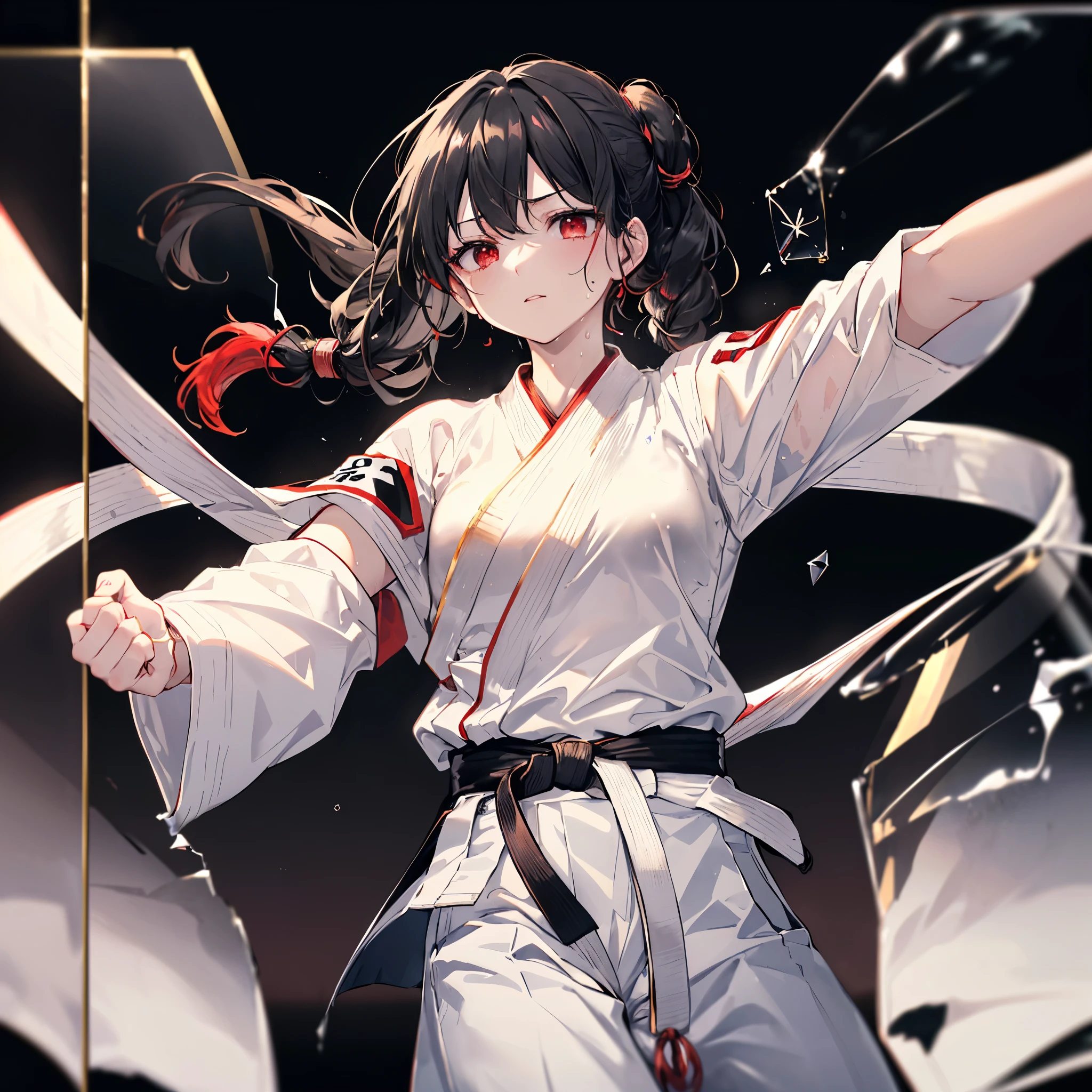 ((((Karate　Black belt、Straight punch　Breaking Glass))))　(((White Doshi　White trousers、Sweat　Bright red eyes　Black Hair　Long Hair　Tie your hair back)))　((Black background))　Shining Edge　Shining Background