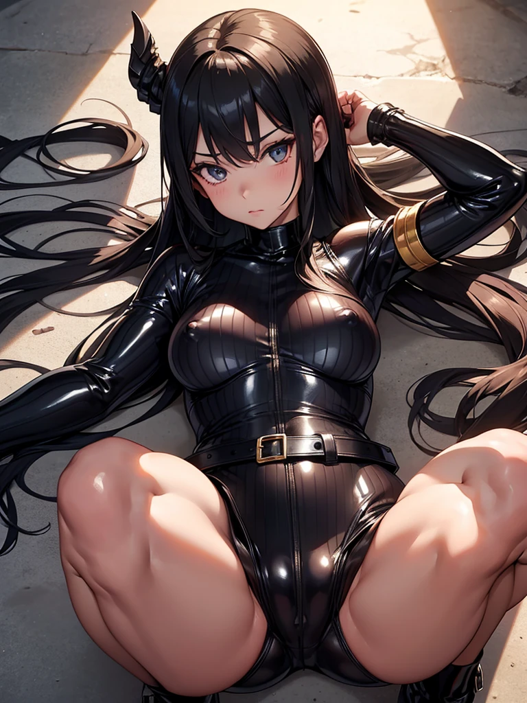 Super detailed, Explicit, Beautiful body, Beautiful Nose, Beautiful character design, Perfect Eyes, Perfect Face, Ultra-high resolution, 4K, Beautiful feet, Perfect Legs, Nice hands, Perfect hands, masterpiece, Highest quality, Very detailed, figure, Absurd, Perfect Anatomy, Street Fighter, Doll Suit, Shadaloo Doll, View your viewers, Red gloves, , Female Fighter, whole body, High leg leotard, ribbed bodysuit, Arms at your sides, follow, Perfect female body, extremely glossy latex, Hypnosis, Hypno Lola, Hollow Eyes, Mind Control Devices, Pauses, Obedient_Pause, slave, Lying down straight,  Lying down, Lying down at attention, Have, tie, belt, latex, ribbed bodysuit, Knee socks, garter belt, Combat Stance, Extend your right arm from your shoulder、Nipples are visible、Well defined nipples,A clear crotch bite、Puffy nipples、 Thigh-high boots, Black Pantyhose, (((Pixel Perfect, Perfect in every detail))), alone, One girl, hair ornaments, Long Hair, Black Hair, Hair Ribbon, Yellow Eyes, scarecrow, Girls&#39; Frontline, Big Tits, Mature Woman、Married Woman、((Plump body:1.6)),Very huge nipples,((Open Leg))、Perfectly balanced body、((非常に巨大なBig Tits:1.6))