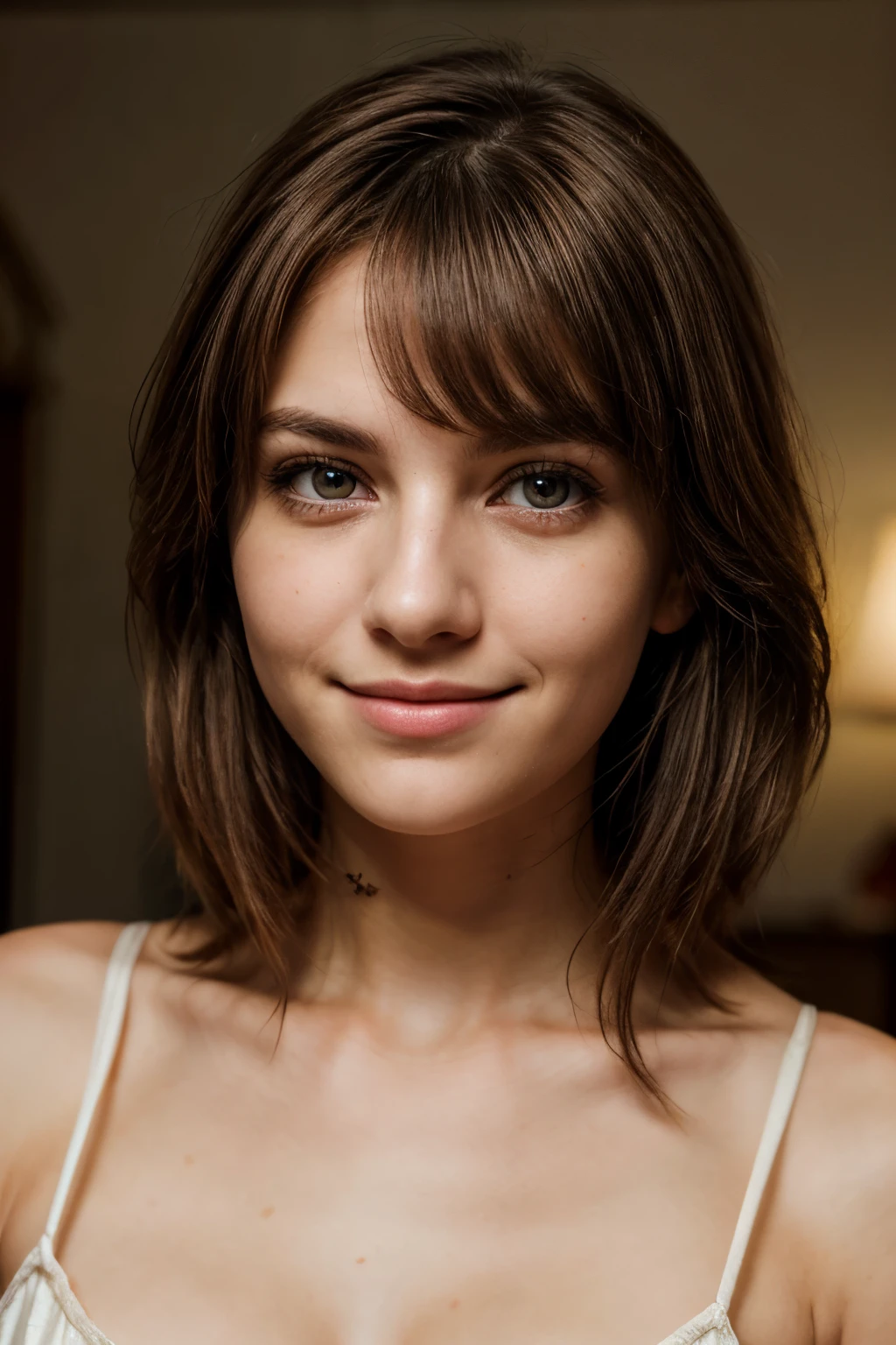 realistic photograph, 1woman, 23-year-old, light eyes and shoulder-length brown hair, illuminated by the dawn light, shy smile, while she looks at the camera with an innocent look, high quality, high details, an extremely beautiful,