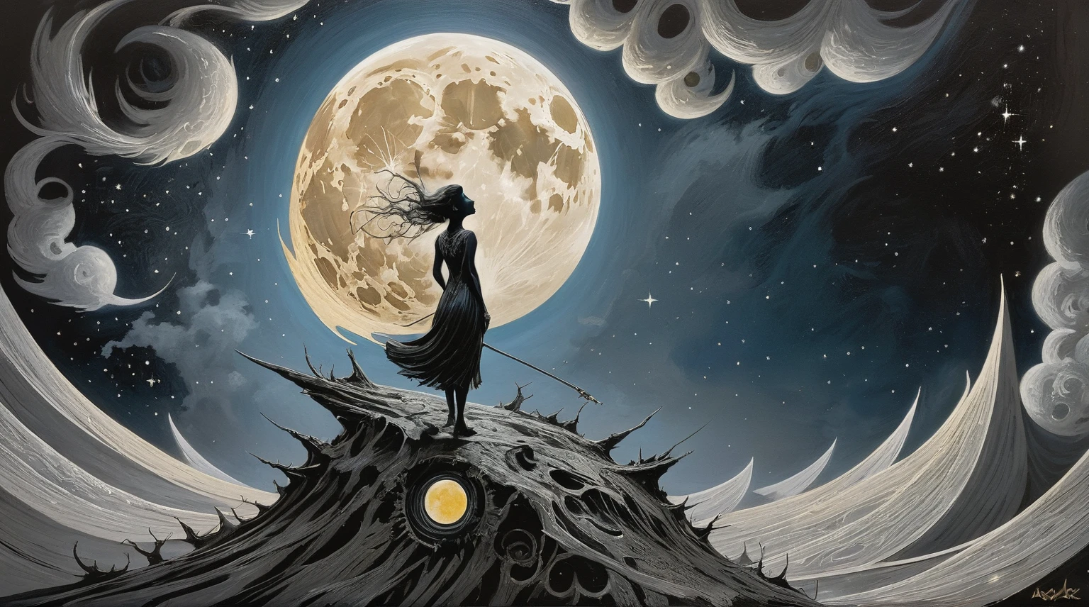 the moon, Artwork inspired by Dave Mckean, intricate details, oil painted