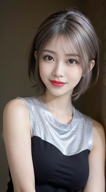 blush a little and smile, (Top quality masterpiece:1.2) Delicate illustrations, Very detailed, /Beautiful Japanese Women、1 person,Very cute and slim、Great style 、((8k images、super high quality))、Very delicate face, Skin and Hair、Large Breasts、beautifule forehead、Red lipstick、(((((short hair、Silver Hair、lure))))),Very cute Japanese cut face、Eyes and nose are clearly visible、Kind eyes,((((Black sleeveless fashion))))