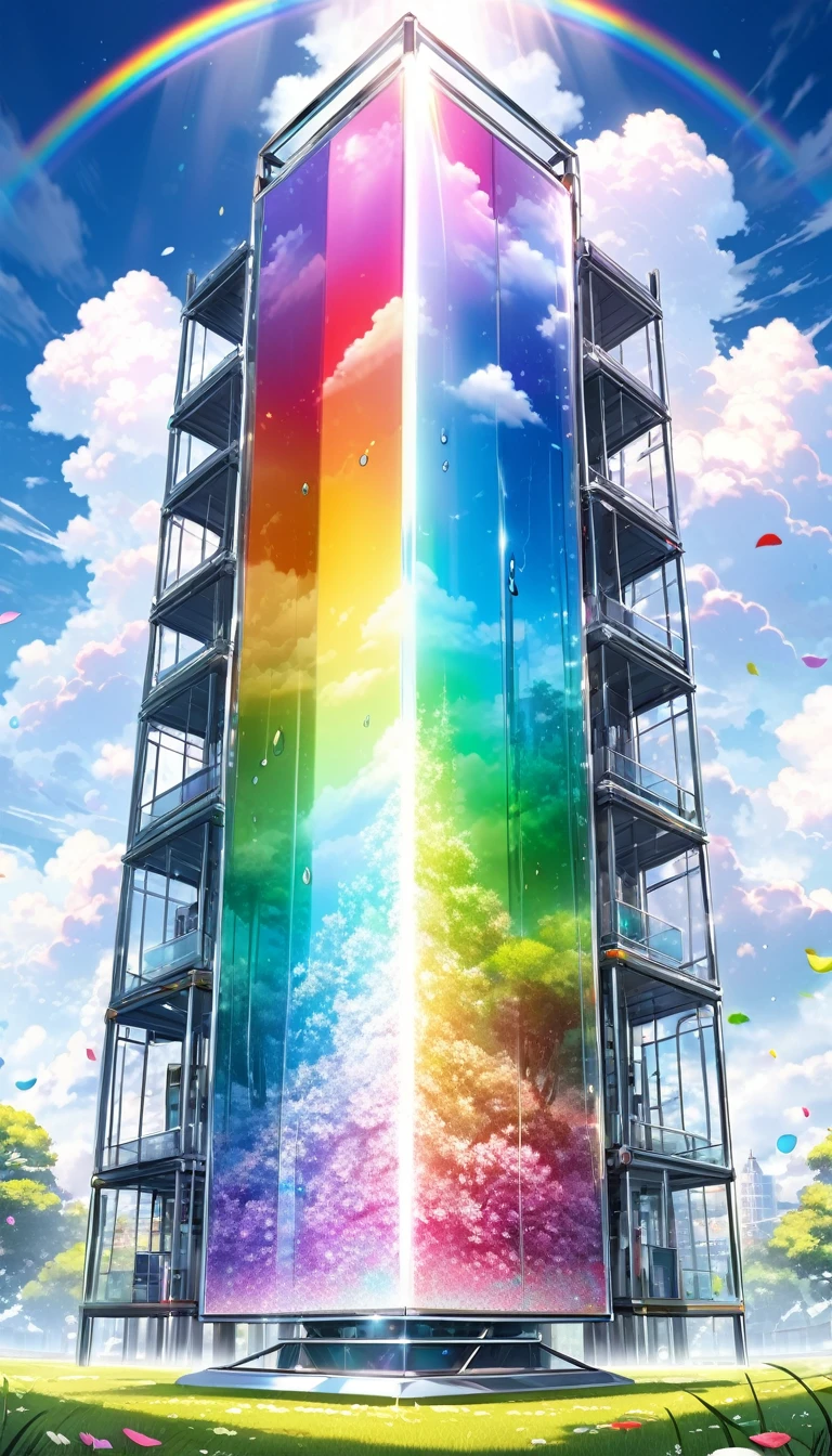 Highest quality, Super Fine, 16K, Incredibly absurd, Very detailed, delicate and dynamic, A mysterious, gigantic artistic structure made of chrome-plated framework and glass, After the Rain, Sunlight shines through the gaps in the clouds, The glass reflects the colors of the rainbow、The analyzer is displayed, Many rainbow-colored petals fall, The grass is covered with mist, Create amazing image effects