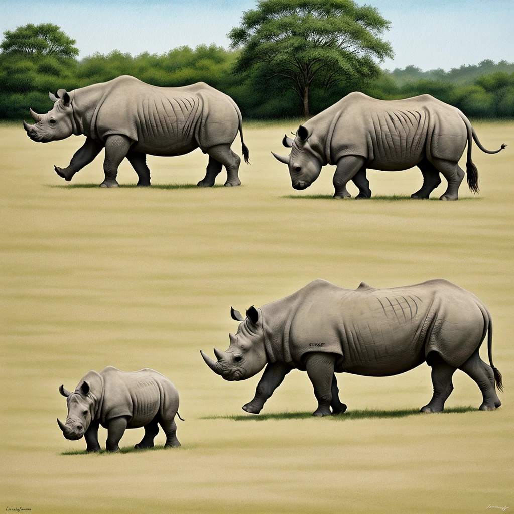 two rhinoceros, vector design, zoology illustration, drawing, sketch, art, colorfull, aquarelle, nature, bush, grass, ((best quality)), ((masterpiece)), (detailed)