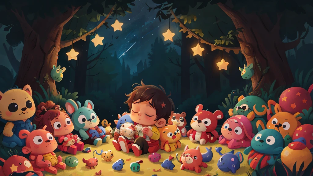 At night, in the darkness, under a starry sky, a newborn baby is sleeping, surrounded by toys.