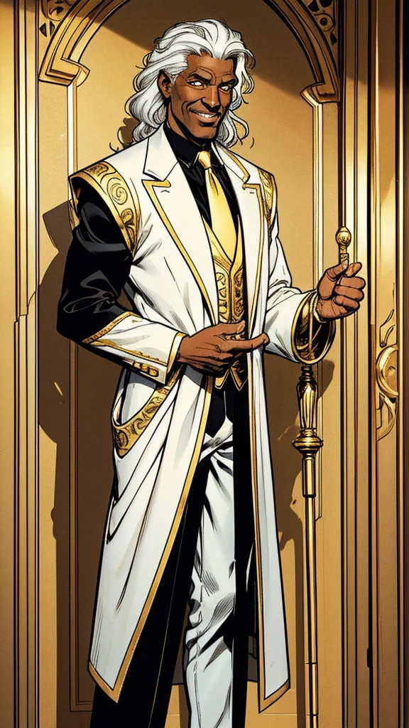 Comic-style art of a black man in his 50s with wavy, long, completely white hair, yellow irises. This man It's very thin, has wrinkles but not many, wears a lot of gold accessories, He is almost always smiling and is of Italian origin. He is a fashion designer and is based on the creator of Versace. Wearing classic and elegant clothes in white and gold. He uses a white cane decorated with gold and which has a bird skull on the tip, which is also made of gold.