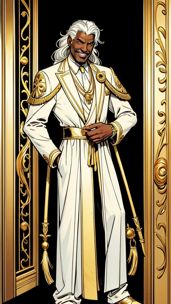 Comic-style art of a black man in his 50s with wavy, long, completely white hair, yellow irises. This man It's very thin, has wrinkles but not many, wears a lot of gold accessories, He is almost always smiling and is of Italian origin. He is a fashion designer and is based on the creator of Versace. Wearing classic and elegant clothes in white and gold. He uses a white cane decorated with gold and which has a bird skull on the tip, which is also made of gold. 
