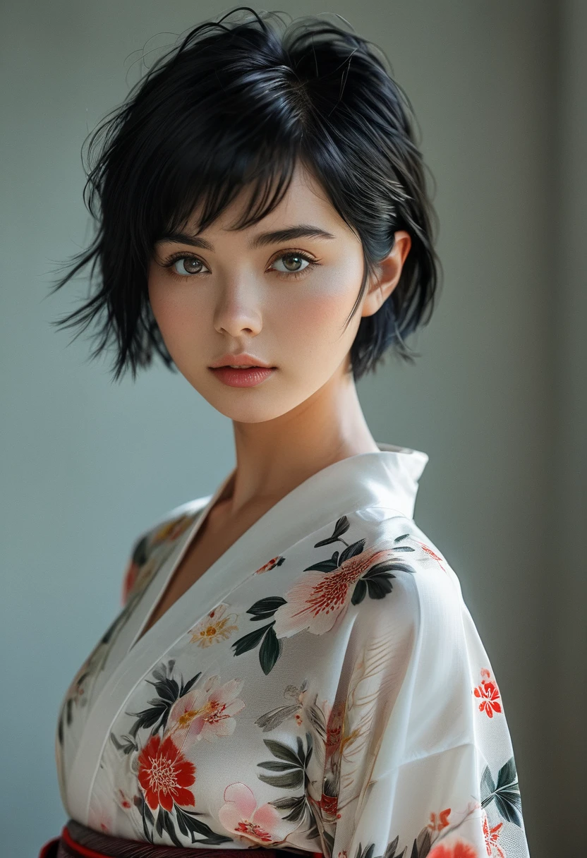 1girl in, age22, Solo, short black hair, looking at the camera, o-face, translucent white fairly skin, black hair, full body, (extremely detailed 8k wallpaper), soft lighting, high quality, film grain, Fujifilm XT3 sharp focus, f 5.6, 50mm, High Detail, Sharp focus, (natural light), (seductive), realistic, sexy, ((Detail eye)), ((Eye: 1.2), ((Kimono)), (breast: 1.2)