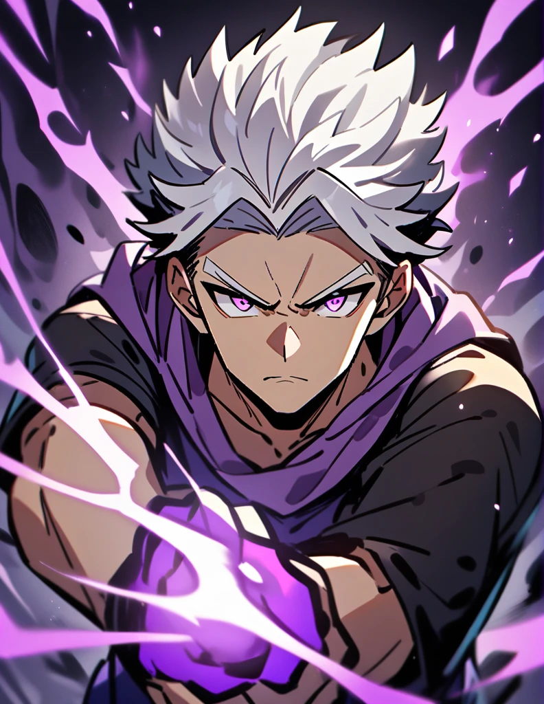 Greek boy with white hair, serious look, violet eyes, with one of his arms using purple flame powers,