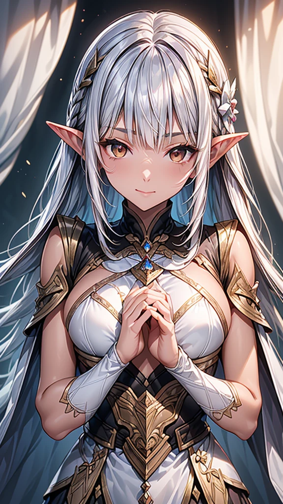 (High quality, High resolution, Fine details), dark elf, dark forest background, flowing robes, solo, curvy women, BREAK silver hair, sparkling eyes, (Detailed eyes:1.2), BREAK red eyes, smile, blush, Sweat, Dark Skin, Oily skin, Soft tones, shallow depth of field, soft lighting, magical aura, ethereal glow
