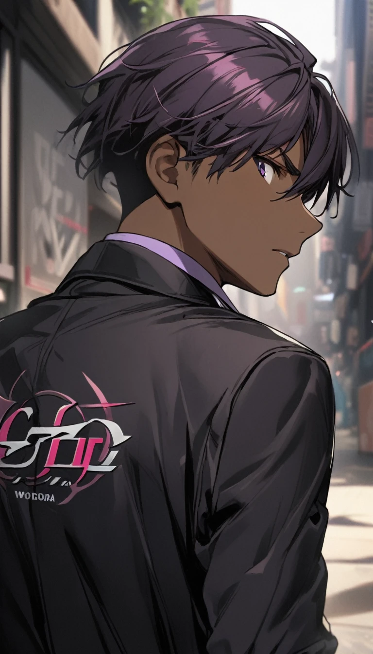1boy , dark skin , dark dark purple short hair , , black blazer with logo,