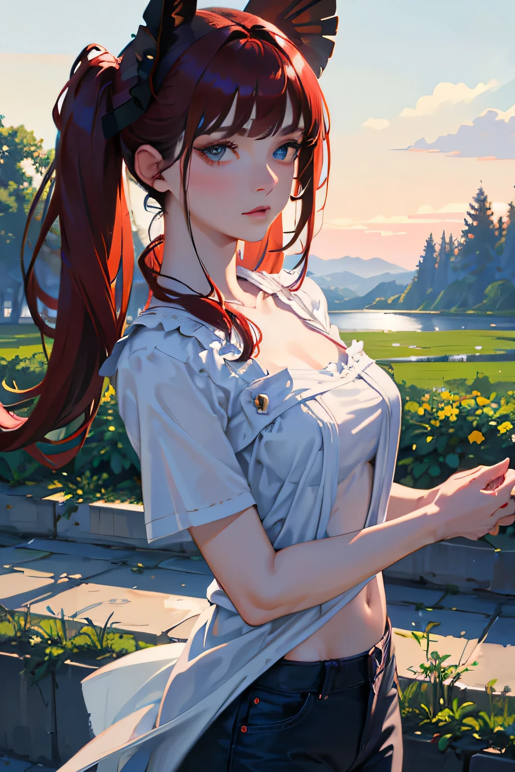 masterpiece, top quality, super detailed, high resolution, (realistic, photorealistic:1.37), excellent anatomy, beautiful 1 woman, (finely detailed beautiful eye:1.2), (beautiful detailed face), high contrast, (best Illumination, extremely delicate and beautiful), ((cinematic light, reaching out hand to viewer, perfect hand, detailed hand:1.1)), tall weeds, colorful flowers, willow trees, dusk, lamp post, light particles, close up of young woman, blue eyes, dark red hair in low twin tails, swept bangs, stoic, strapless gray shirt with white trim, black jeans, dusk, dark atmosphere, slate colors, light particles, best light, best shadow, mysterious, perfect face, highly detailed,