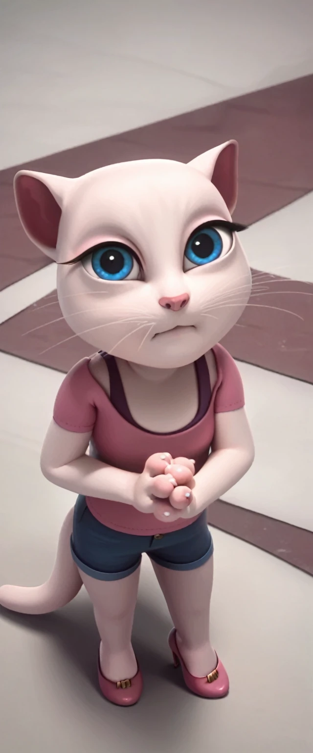 1 girl, cat, white fur, long whiskers on both sides of the face, large bright blue eyes, large black eyelashes, small pink nose, triangular ears with pink channels. There are high heels. front view legs woman from above, holding own legs, twin tails, own hands holding legs, folded, flexible, legs up, cat tail turned inwards