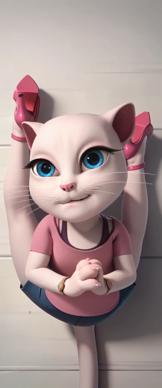 1 girl, cat, white fur, long whiskers on both sides of the face, large bright blue eyes, large black eyelashes, small pink nose, triangular ears with pink channels.     There are high heels.  front view legs woman from above, holding own legs, twin tails, own hands holding legs, folded, flexible, legs up, cat tail turned inwards