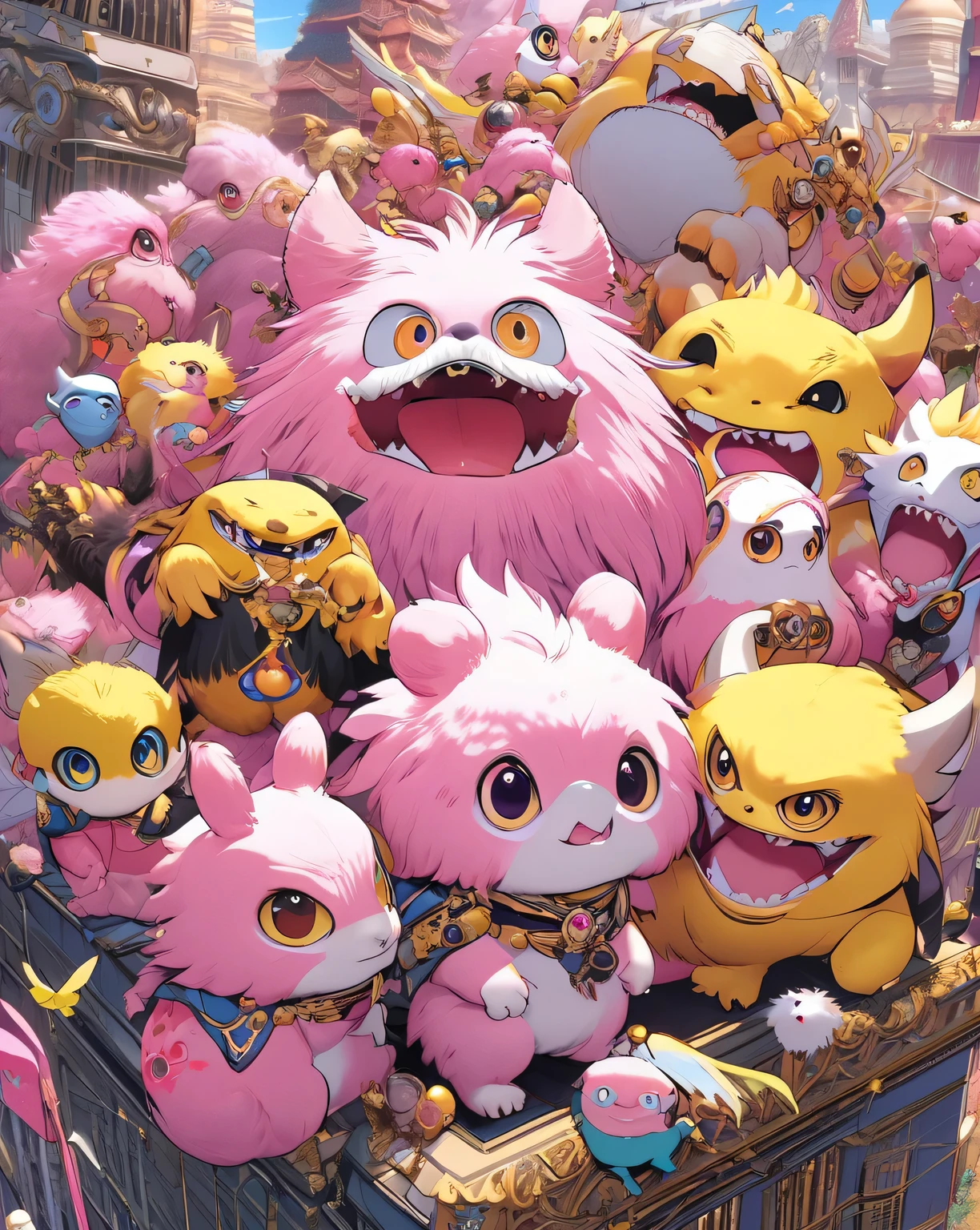 Cute furry monsters by Rory Greasley and Takeshi Obata,Big eyeouth、 The desire to attain enlightenment, It has small wings、nirvana, Pink and yellow, Oil paints, family friendly, Realistic, 8k is, high quality、The most information、masterpiece、Detailed text、The highest masterpiece