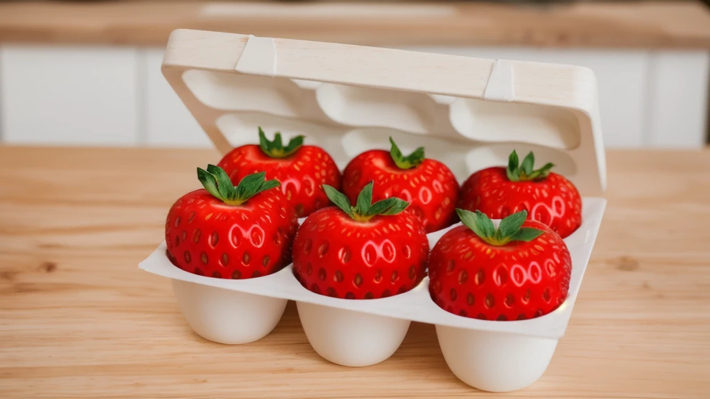 on a wooden table, in a paper egg tray, there are 6 strawberries instead of eggs, strawberries in an egg tray, realistic texture, realistic style, detailed texture, high quality, high resolution, high quality rendering, realistic photo, brightning light, macro photo