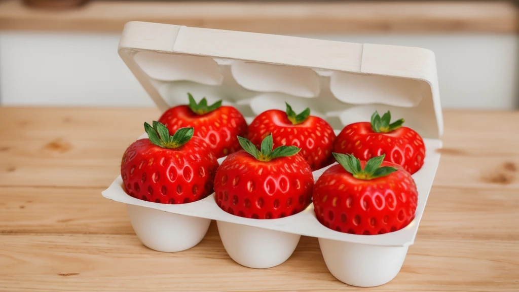 on a wooden table, in a paper egg tray, there are 6 strawberries instead of eggs, strawberries in an egg tray, realistic texture, realistic style, detailed texture, high quality, high resolution, high quality rendering, realistic photo, brightning light, macro photo
