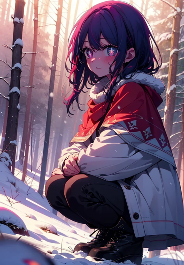 aihoshino, Ai Hoshino, Long Hair, bangs, (Purple eyes:1.1), Purple Hair, (Symbol-shaped pupil:1.5), smile,,smile,blush,white breath,
Open your mouth,snow,Ground bonfire, Outdoor, boots, snowing, From the side, wood, suitcase, Cape, Blurred, , forest, White handbag, nature, Squat, Mouth closed, Cape, winter, Written boundary depth, Black shoes, red Cape break looking at viewer, Upper Body, whole body, break Outdoor, forest, nature, break (masterpiece:1.2), Highest quality, High resolution, unity 8k wallpaper, (shape:0.8), (Beautiful and beautiful eyes:1.6), Highly detailed face, Perfect lighting, Highly detailed CG, (Perfect hands, Perfect Anatomy),