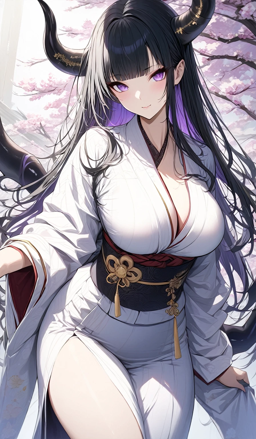 Masterpiece, very detailed, ultra detailed, one, (1 girl), she is in white detailed yukata with gold details, long black hair and straight bangs, black demonic horns, beautiful, charming, purple eyes, elegant, big breasts, cute face, charming, she stands against the background of Japanese themes.