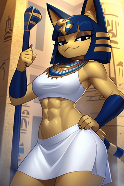 (((masterpiece))), (((best quality))), (((detailed))), ((4k)), trending on artstation, ((furry)), anthro style, furry style, a digital artwork of a sexy Ankha with abs wearing a crop top of her white sleeveless dress with long white skirt, a bare midriff, a bare navel and an exposed belly button, Egyptian setting, sideview, blue Egyptian handbands, she has a smug look,2d style